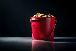 un' rosso secchio pieno con arachidi su un' buio sfondo. ai-generato foto