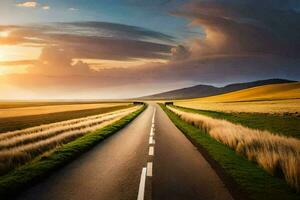 un' lungo strada con un' tramonto nel il distanza. ai-generato foto