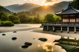 un' giapponese pagoda si siede su il riva di un' lago. ai-generato foto
