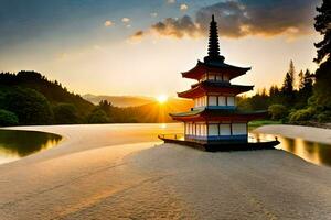 un' pagoda si siede su il sabbia a tramonto. ai-generato foto