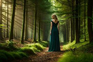 un' donna nel un' blu vestito in piedi nel il mezzo di un' foresta. ai-generato foto