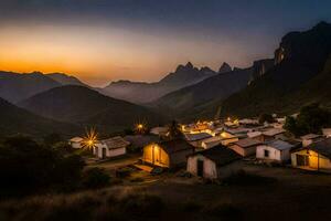 un' villaggio nel il montagne a tramonto. ai-generato foto