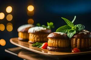 tre mini torte su un' di legno piatto. ai-generato foto