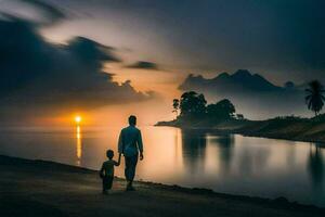 un' uomo e il suo figlio a piedi lungo il riva a tramonto. ai-generato foto