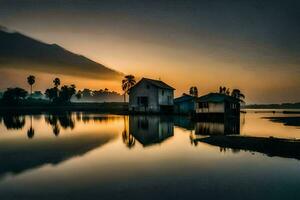 un' Casa su il acqua a tramonto. ai-generato foto