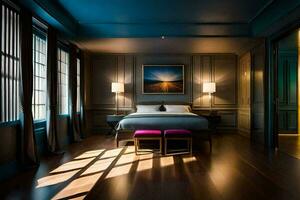 un' Camera da letto con blu muri e legna piani. ai-generato foto