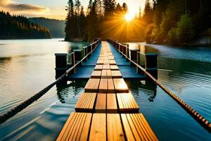 un' di legno bacino tratti su in il acqua a tramonto. ai-generato foto