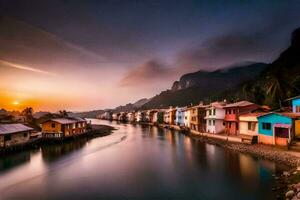 un' fiume corre attraverso un' cittadina a tramonto. ai-generato foto