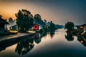 un' fiume nel il mezzo di un' villaggio a tramonto. ai-generato foto