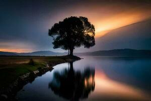 un' solitario albero è riflessa nel il acqua a tramonto. ai-generato foto