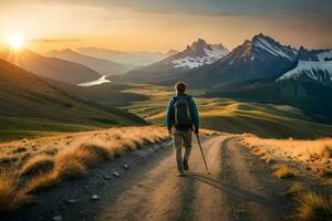 un' uomo passeggiate su un' strada nel il montagne. ai-generato foto