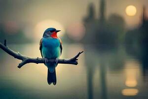 un' blu uccello si siede su un' ramo vicino acqua. ai-generato foto