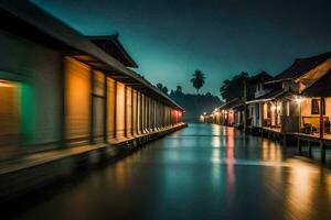 un' lungo esposizione fotografia di un' canale a notte. ai-generato foto