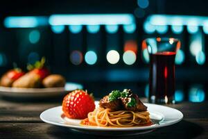 un' piatto di spaghetti e carne su un' di legno tavolo. ai-generato foto