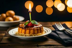 un' piccolo torta con un' candela su un' piatto. ai-generato foto