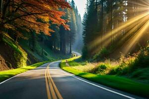 un' strada nel il foresta con sole raggi splendente fuori uso. ai-generato foto