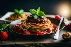 spaghetti con Polpette e pomodoro salsa su un' di legno tavolo. ai-generato foto