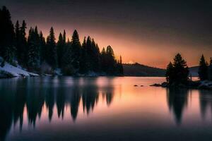 un' lago nel il inverno con alberi e neve. ai-generato foto