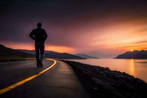 un' uomo a piedi lungo il strada a tramonto. ai-generato foto