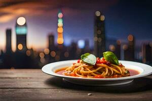 spaghetti con pomodoro salsa e basilico su un' piatto nel davanti di il paesaggio urbano. ai-generato foto