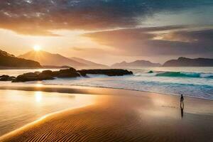 un' uomo in piedi su il spiaggia a tramonto. ai-generato foto