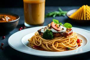 un' piatto di spaghetti con carne e salsa. ai-generato foto