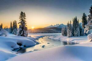 foto sfondo il cielo, neve, alberi, fiume, montagne, tramonto, il sole, il. ai-generato