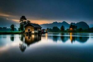 un' piccolo Casa si siede su il bordo di un' lago a crepuscolo. ai-generato foto