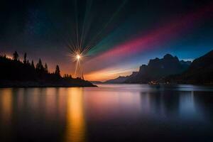 il aurora Borealis al di sopra di un' lago e montagne. ai-generato foto