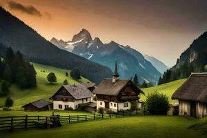 un' bellissimo montagna villaggio con un' montagna nel il sfondo. ai-generato foto