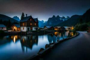 foto sfondo il cielo, montagne, lago, Casa, il notte, il montagne, il lago. ai-generato