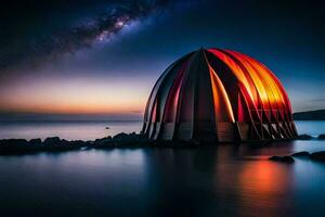 un' grande cupola sagomato struttura nel il acqua con un' rosso cielo. ai-generato foto