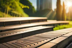un' di legno panchina nel il sole con un' città nel il sfondo. ai-generato foto