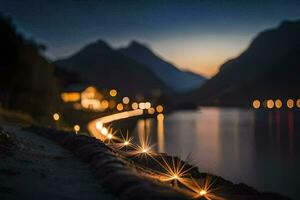 un' lungo esposizione fotografia di un' lago e montagne a notte. ai-generato foto