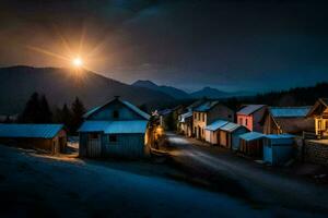 un' villaggio a notte con un' pieno Luna. ai-generato foto