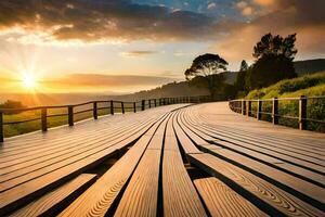 un' di legno passerella conduce per il tramonto. ai-generato foto