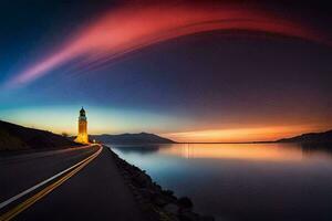 un' faro sta su il riva di un' lago a tramonto. ai-generato foto