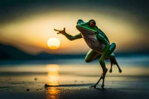 un' rana salto su il spiaggia a tramonto. ai-generato foto