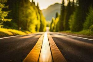 un' lungo strada con alberi e un' sole splendente. ai-generato foto