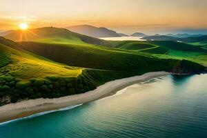 il sole imposta al di sopra di un' verde pendio e un' spiaggia. ai-generato foto