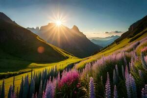 il sole sorge al di sopra di il montagne nel il sfondo. ai-generato foto