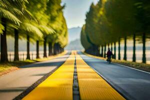 un' persona equitazione un' bicicletta giù un' strada foderato con alberi. ai-generato foto