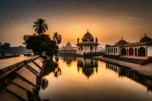 il sole imposta al di sopra di un' fiume nel India. ai-generato foto