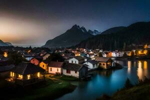 un' villaggio a crepuscolo con un' lago e montagne nel il sfondo. ai-generato foto