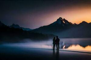 un' coppia in piedi su il riva di un' lago a tramonto. ai-generato foto