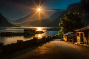 foto sfondo il Luna, lago, montagne, il strada, il villaggio, il Casa, il. ai-generato