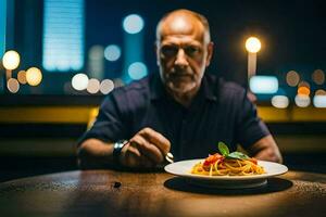 un' uomo mangiare spaghetti a notte. ai-generato foto