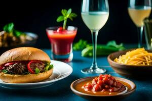 un' tavolo con un' hamburger, patatine fritte e un' bere. ai-generato foto