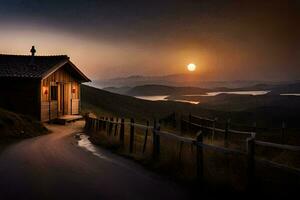 un' piccolo cabina si siede su il lato di un' collina con il sole ambientazione dietro a esso. ai-generato foto