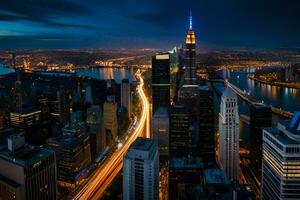 il città orizzonte a notte con traffico luci. ai-generato foto